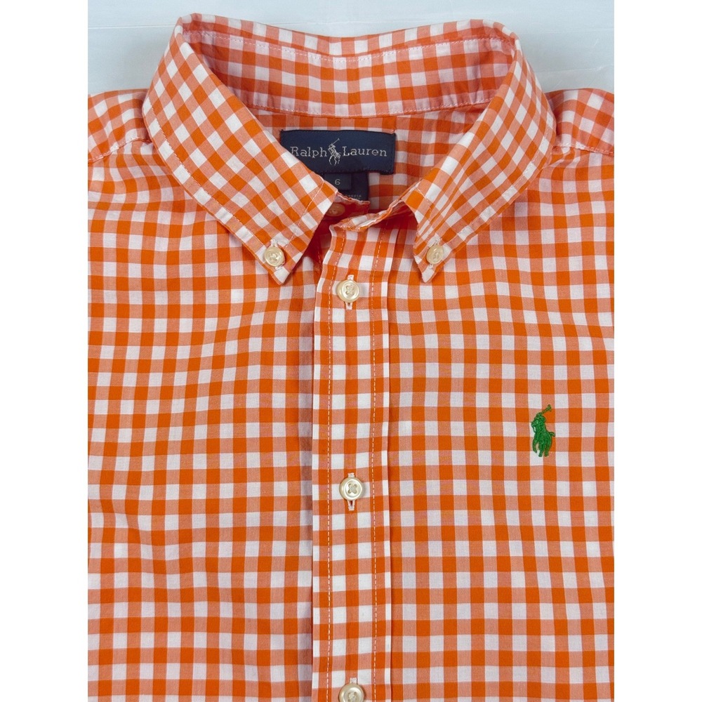 Ralph Lauren Boys Orange White Gingham Short Sleeve Button Down Shirt Size 6